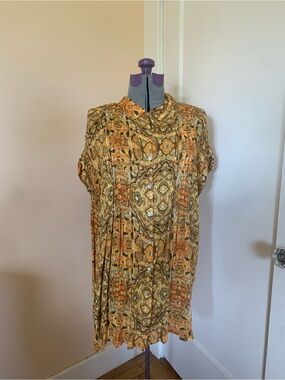 Jane & Delancey XL Button Up Tunic Top Retro 70s Psychedelic Print Orange Brown